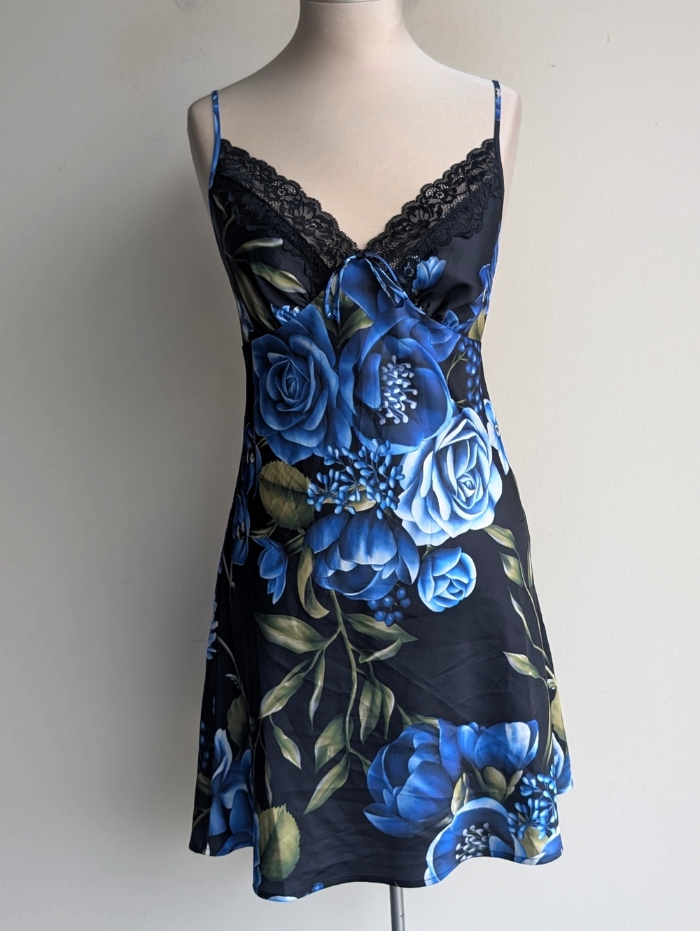 La Vie En Ross Blue Floral Satin Lace-Trim Slip Dress